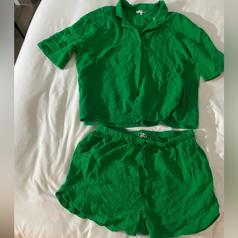 Green Button-Up Shirt and Shorts Set